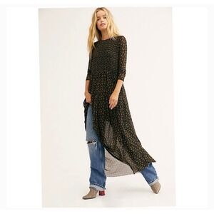 Free‎ People Hello and Goodbye Midi Dress Long Sleeve Black Yellow Boho M